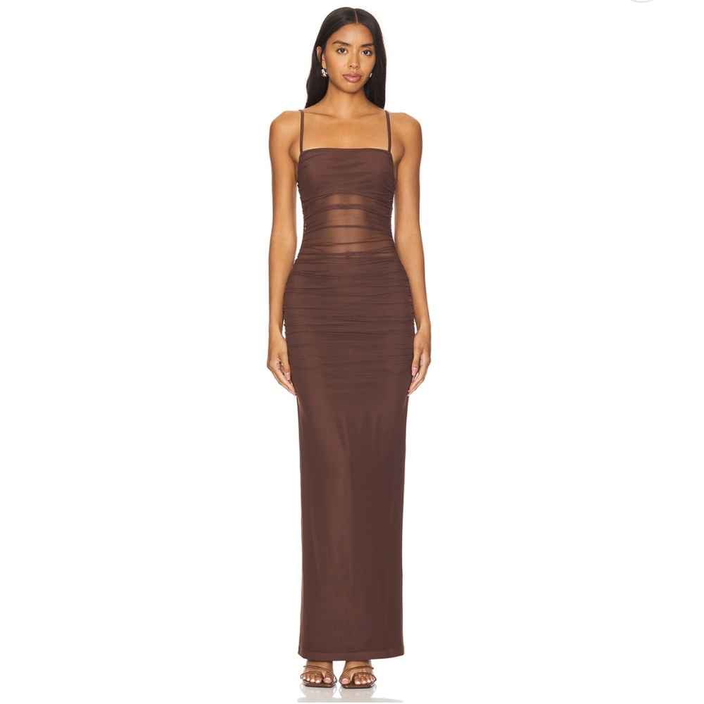 superdown Celeste Ruched Maxi Dress in Chocolate Brown